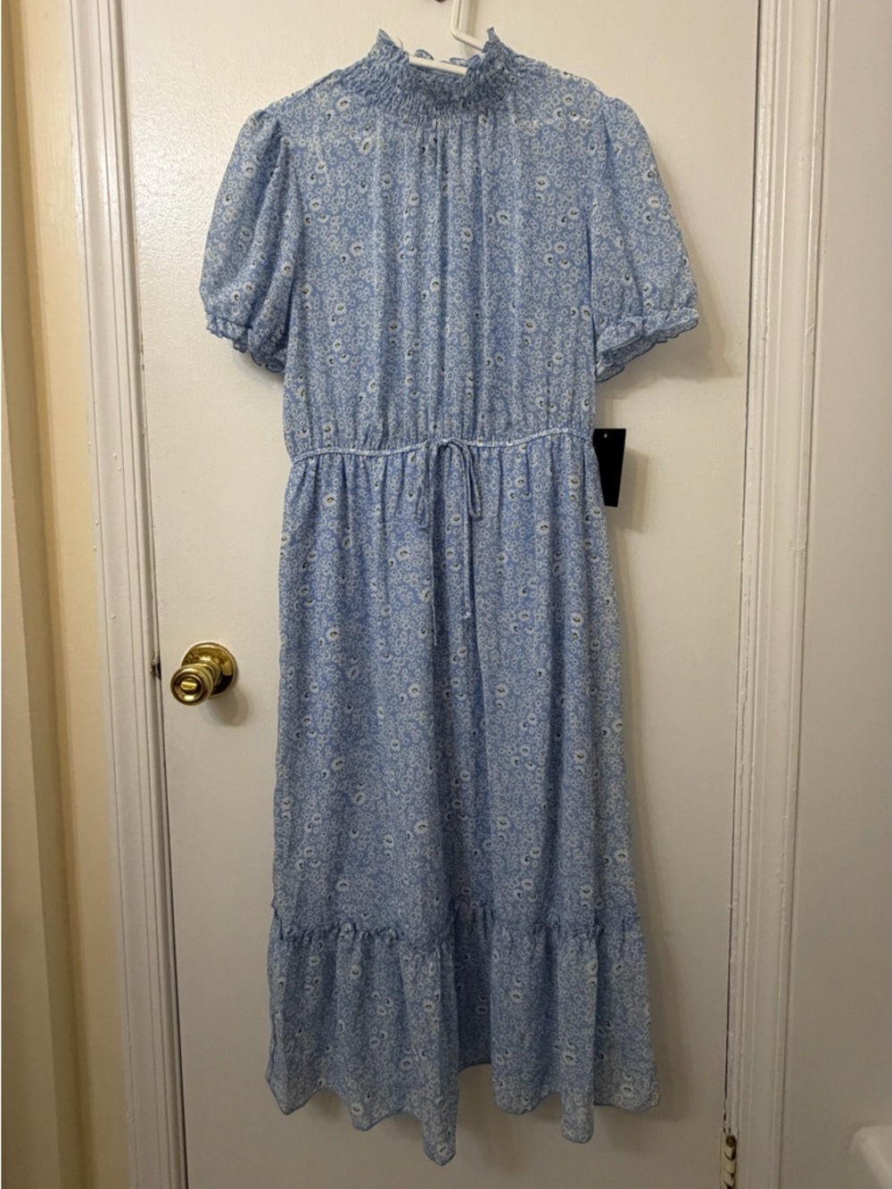Scalloped Neck Blue Floral Midi Dress with Drawstring Waist